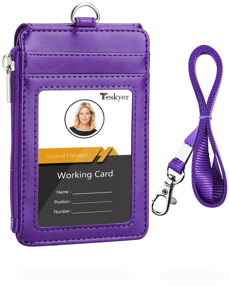 Teskyer Badge Holder with Side Zip Pocket, Multiple Card Slots Leather ID Holder Wallet with Neck Lanyard for Office Staffs, Teachers/Students, Couriers, Workers, Purple - Image 1